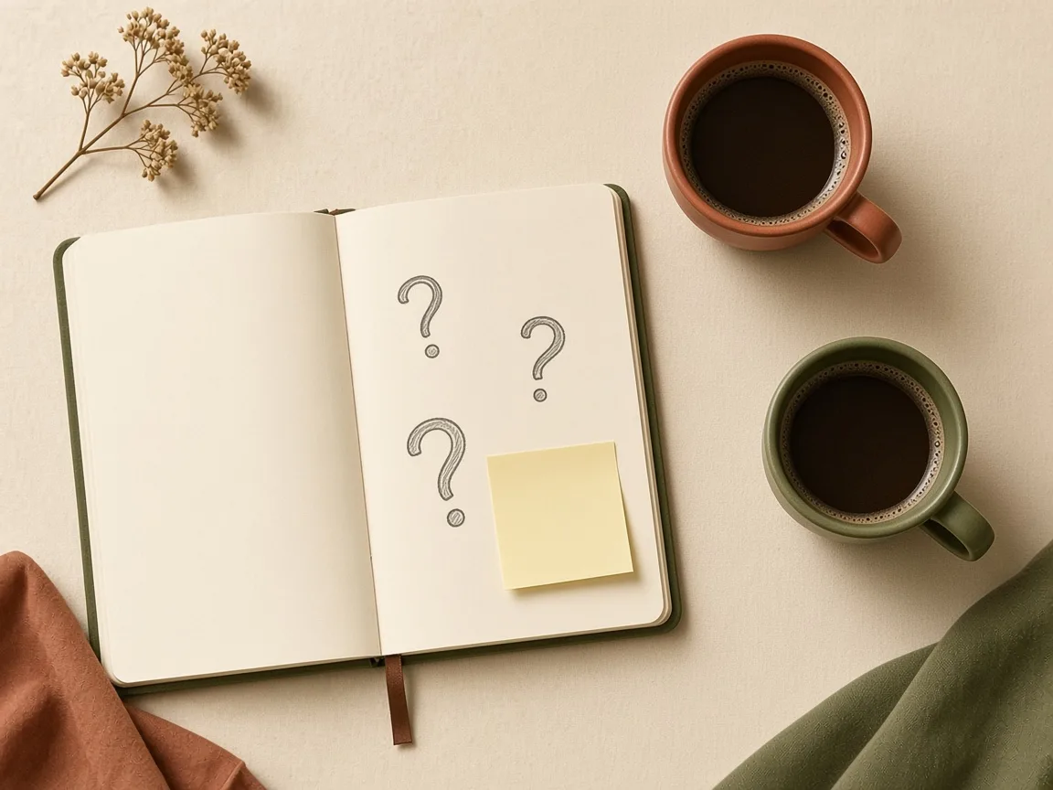 Open notebook with question marks and two coffee cups, ready for a first conversation