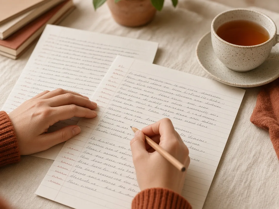 Student writing by hand on lined paper with a pencil, next to a cup of tea