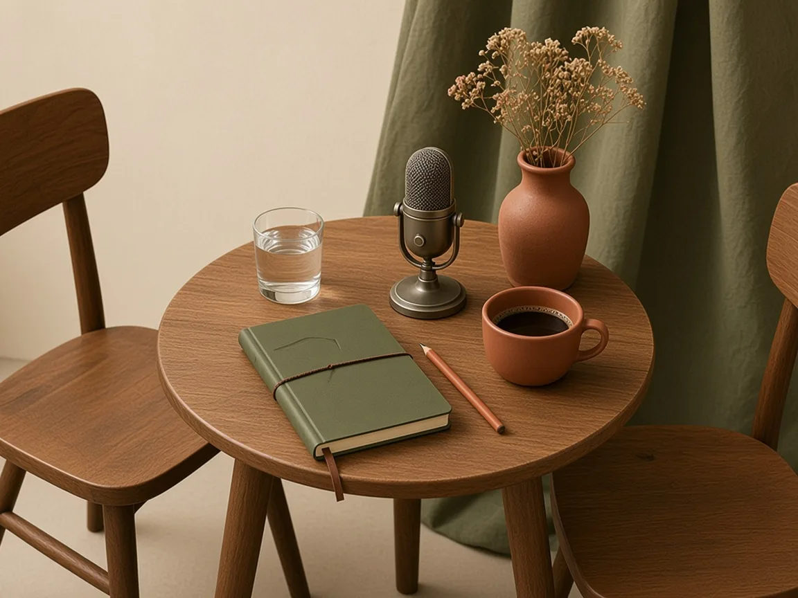 Small table with two chairs, a notebook and a desk microphone set up for a practice interview