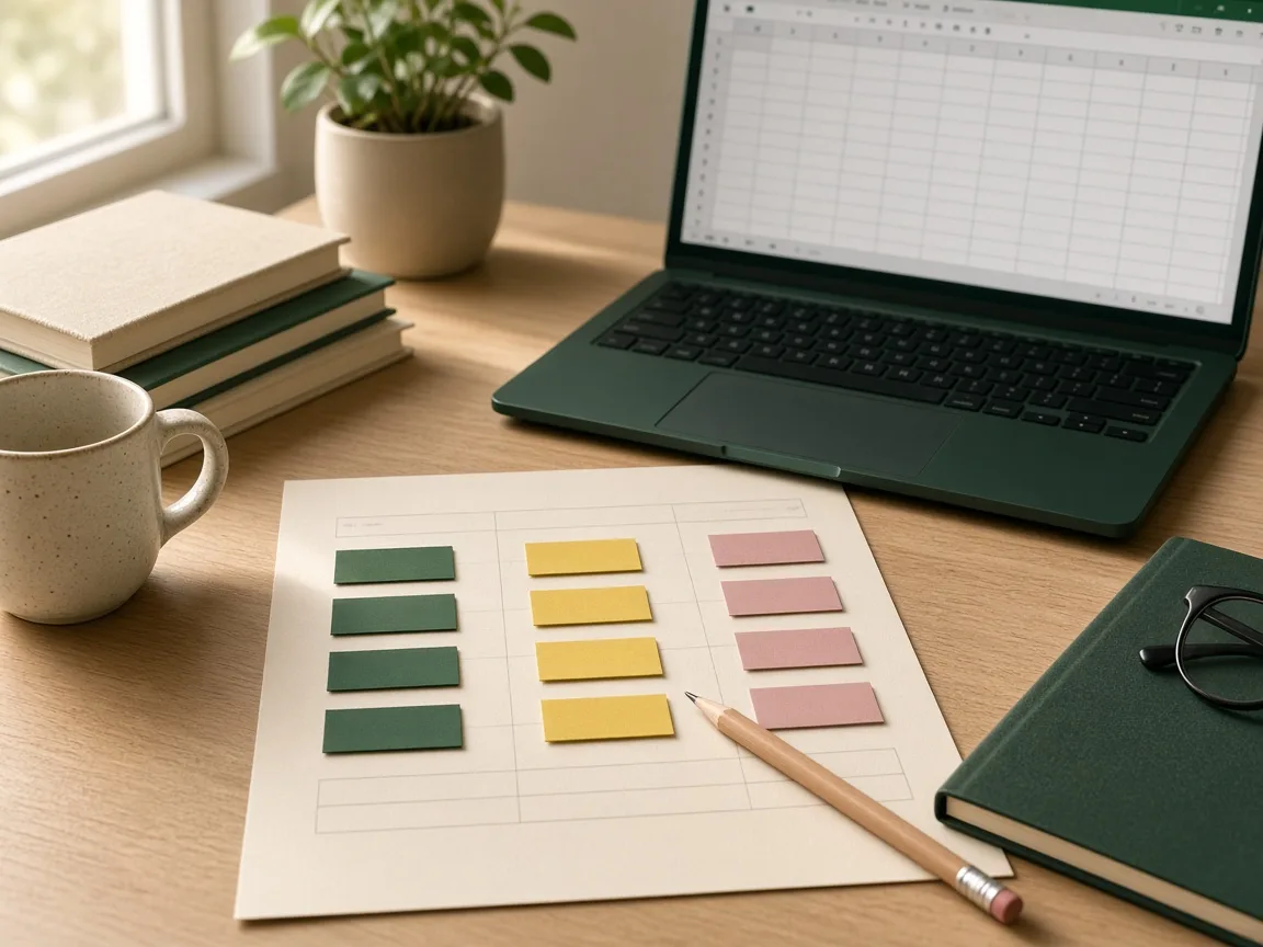Planning sheet with rows of green, yellow and pink sticky notes beside a laptop showing a blank spreadsheet