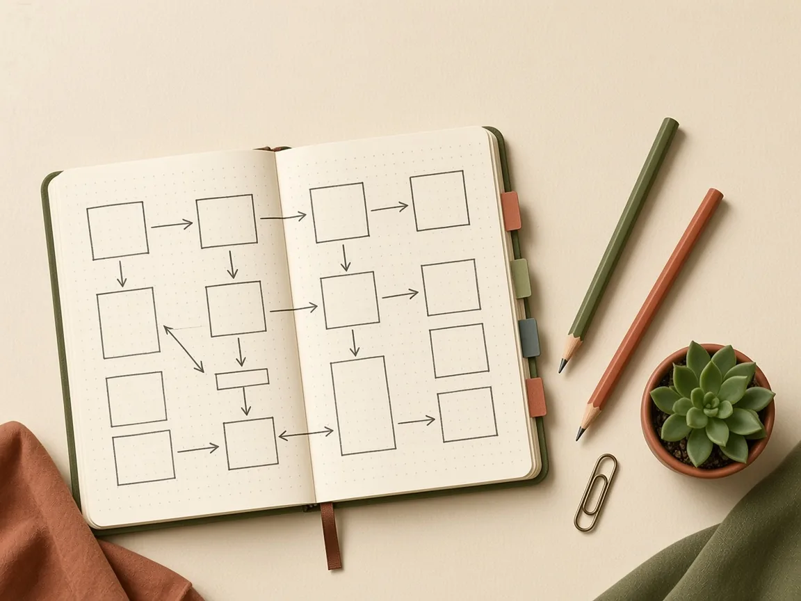Planner spread sketched with a multi-year plan of boxes and arrows