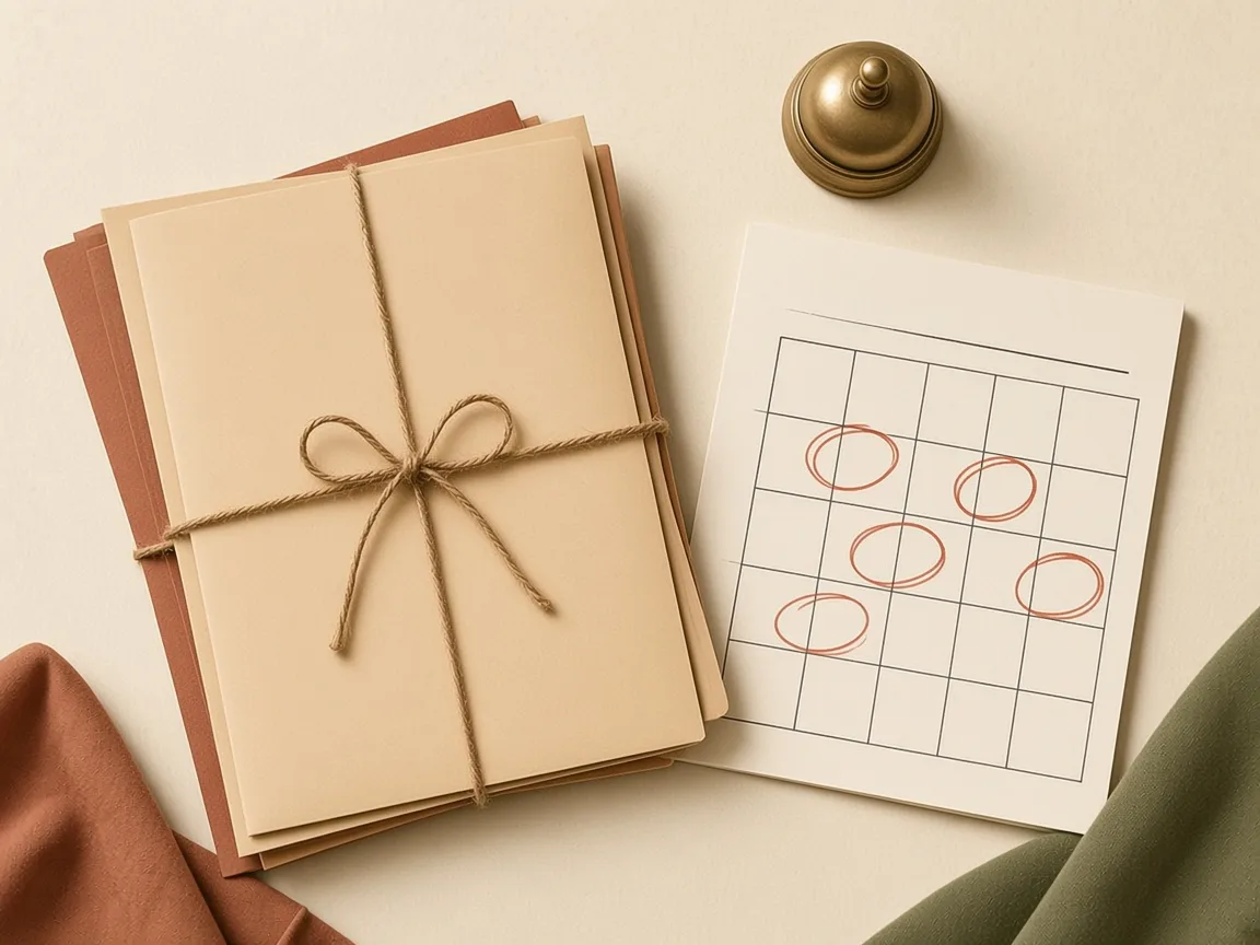Bundle of application folders tied with twine beside a calendar with key dates circled