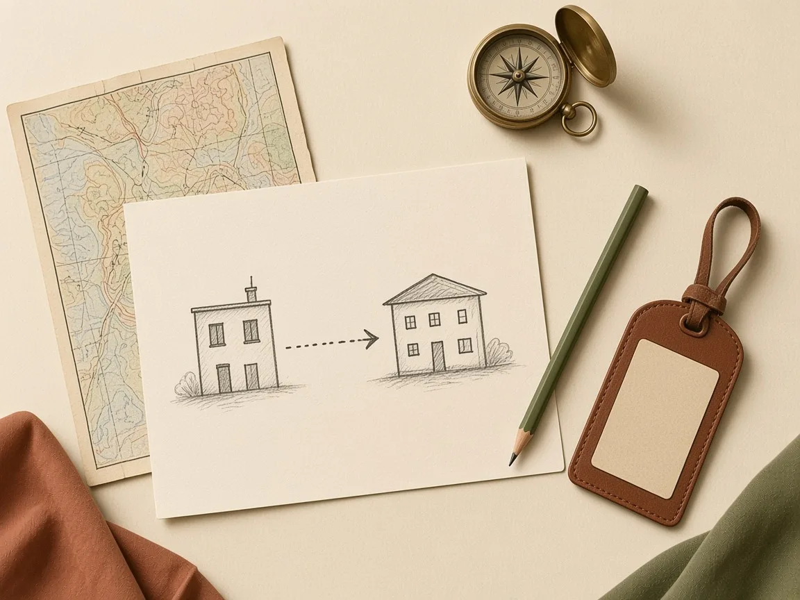 Pencil sketch of one campus building with an arrow to another, beside a compass and luggage tag